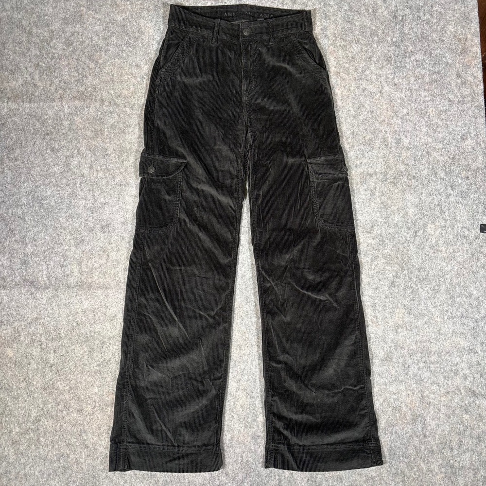 American Eagle Cargo Pants Womens 00 Black Corduroy Wide Leg Stretch Regular